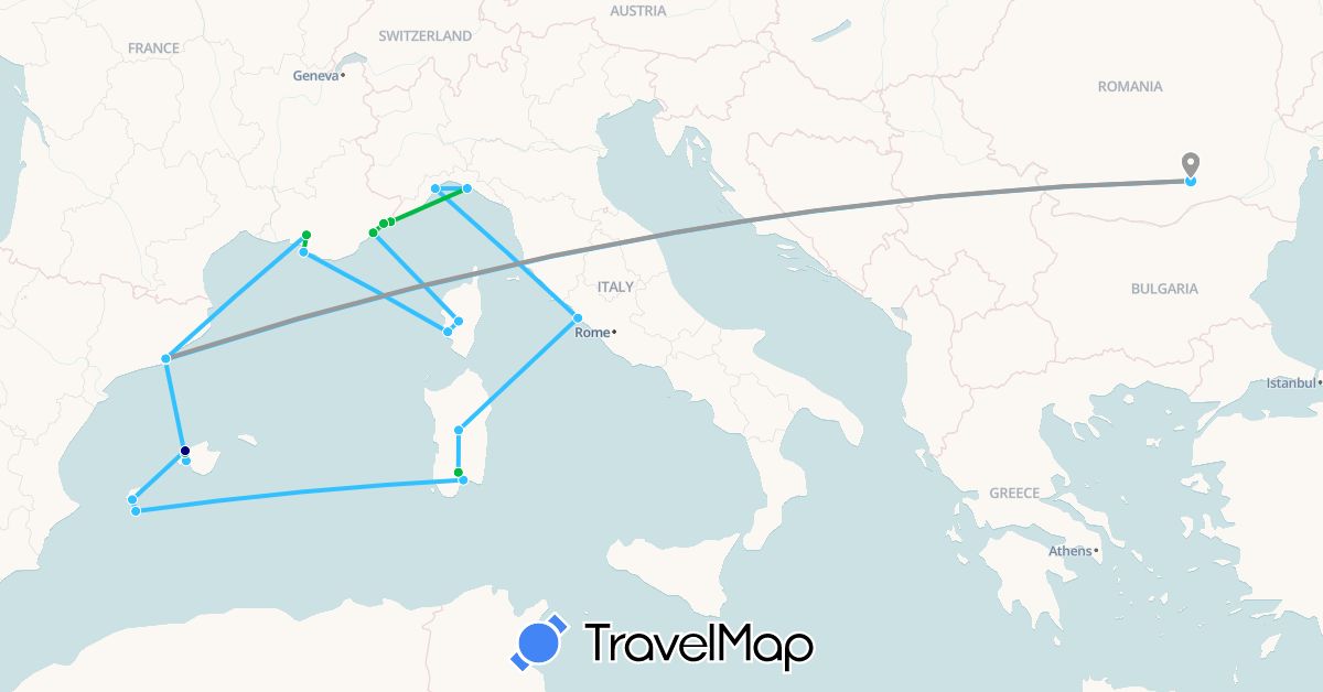 TravelMap itinerary: driving, bus, plane, boat in Spain, France, Italy, Monaco, Romania (Europe)