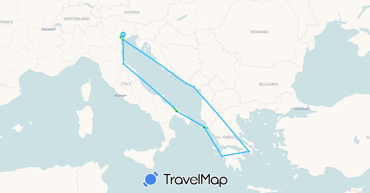 TravelMap itinerary: bus, boat in Greece, Croatia, Italy, Montenegro, San Marino (Europe)